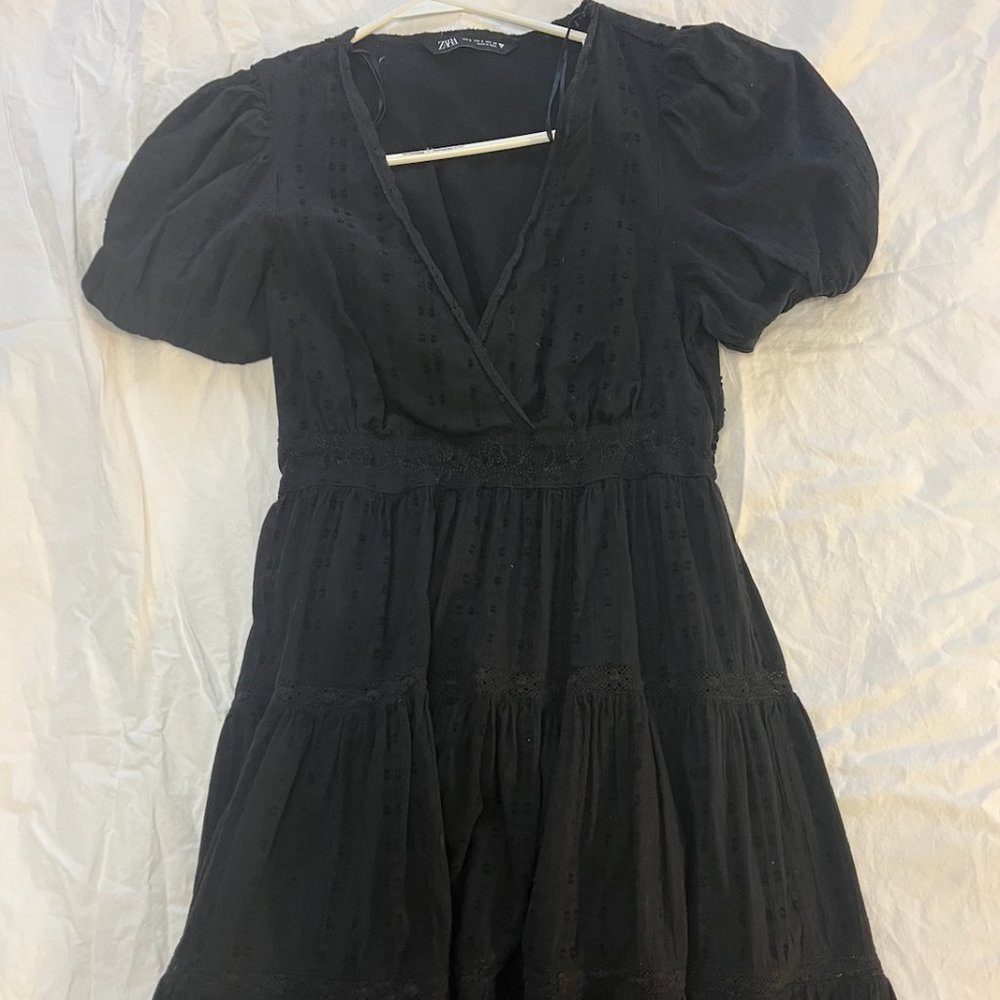 Zara Black Midi Summer Dress; Floral Lace Engraving